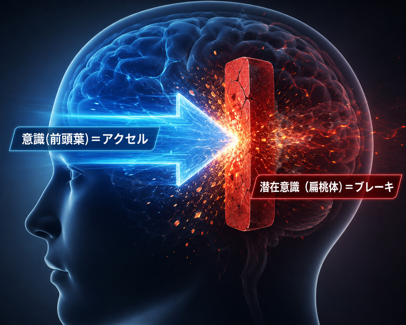 意識のアクセルと潜在意識のブレーキが競合する様子の図解